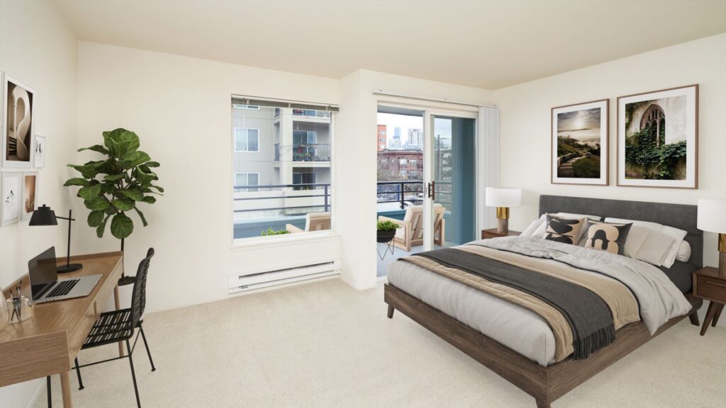 Modern bedroom retreat with queen-size bed and city views.